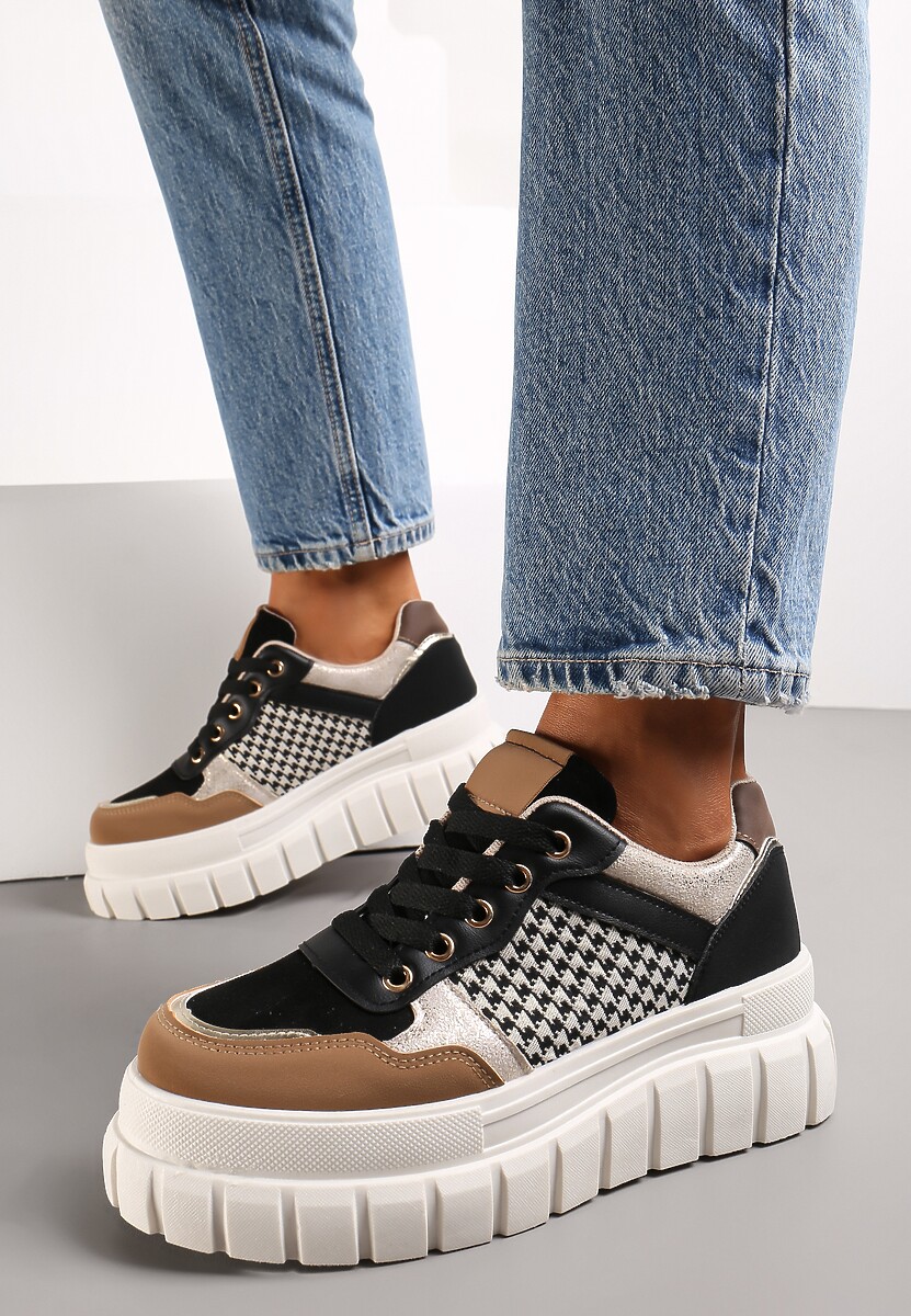 Czarno-Brązowe Sneakersy na Platformie z Wycięciami Angeliki 2