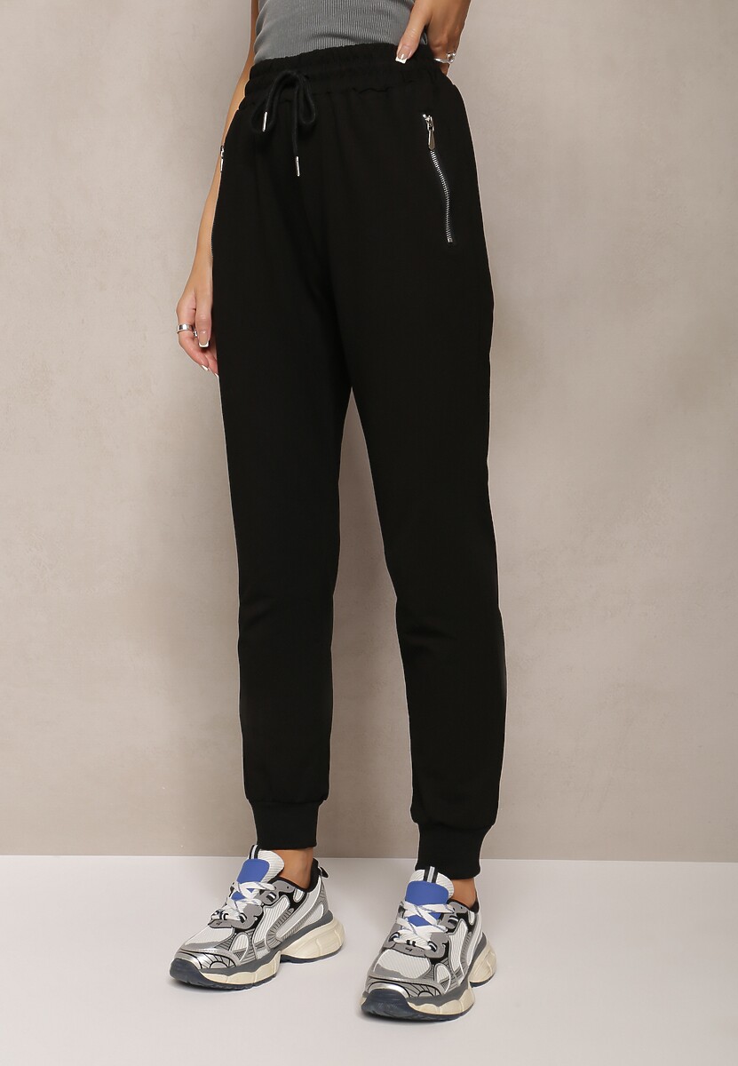Czarne Dresowe Spodnie Bawełniane Joggery z Kieszeniami na Suwaki Bieitta 2