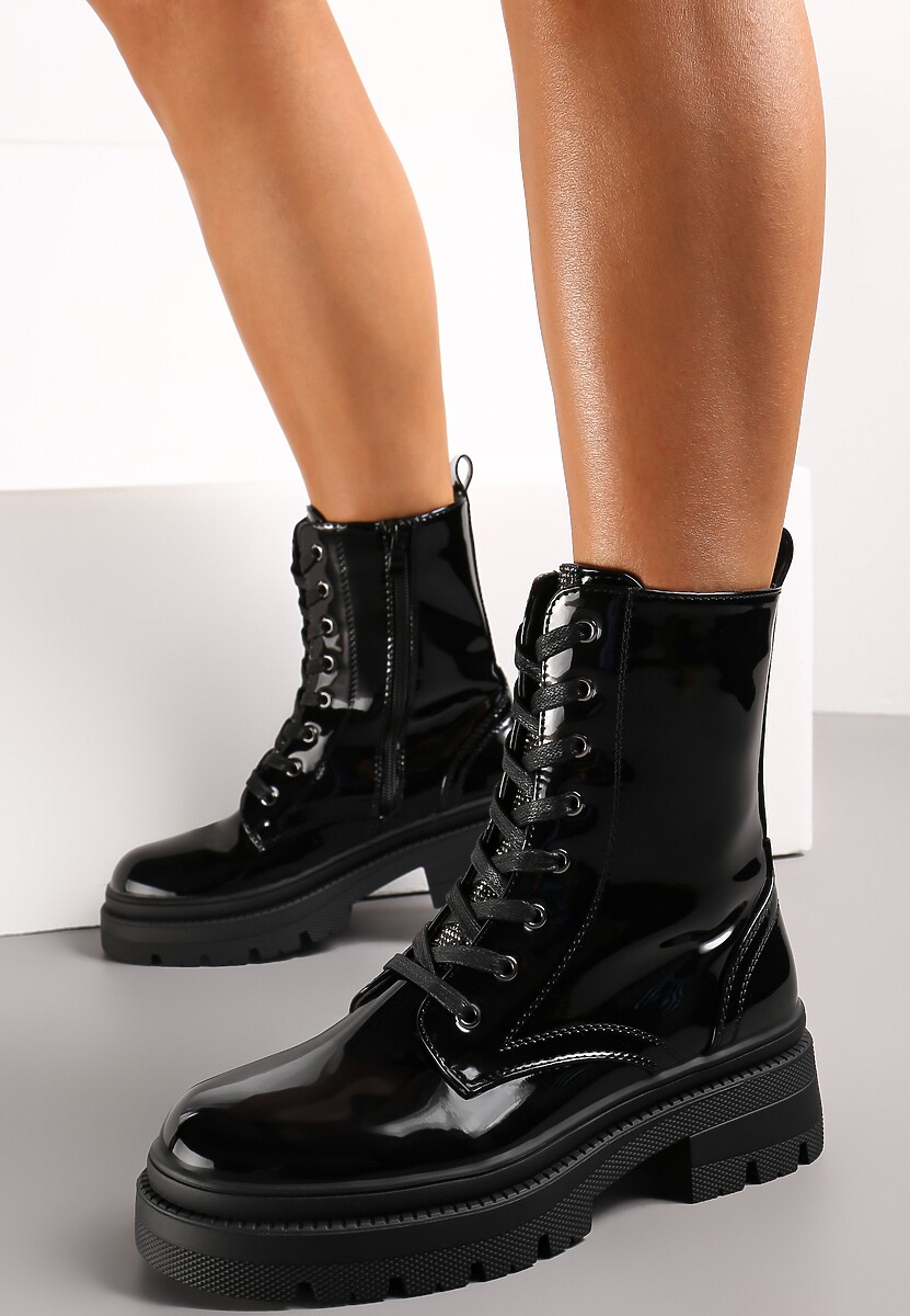 Czarne Lakierowane Botki Workery z Cyrkoniami i Tłoczoną Podeszwą Beatrizio 1