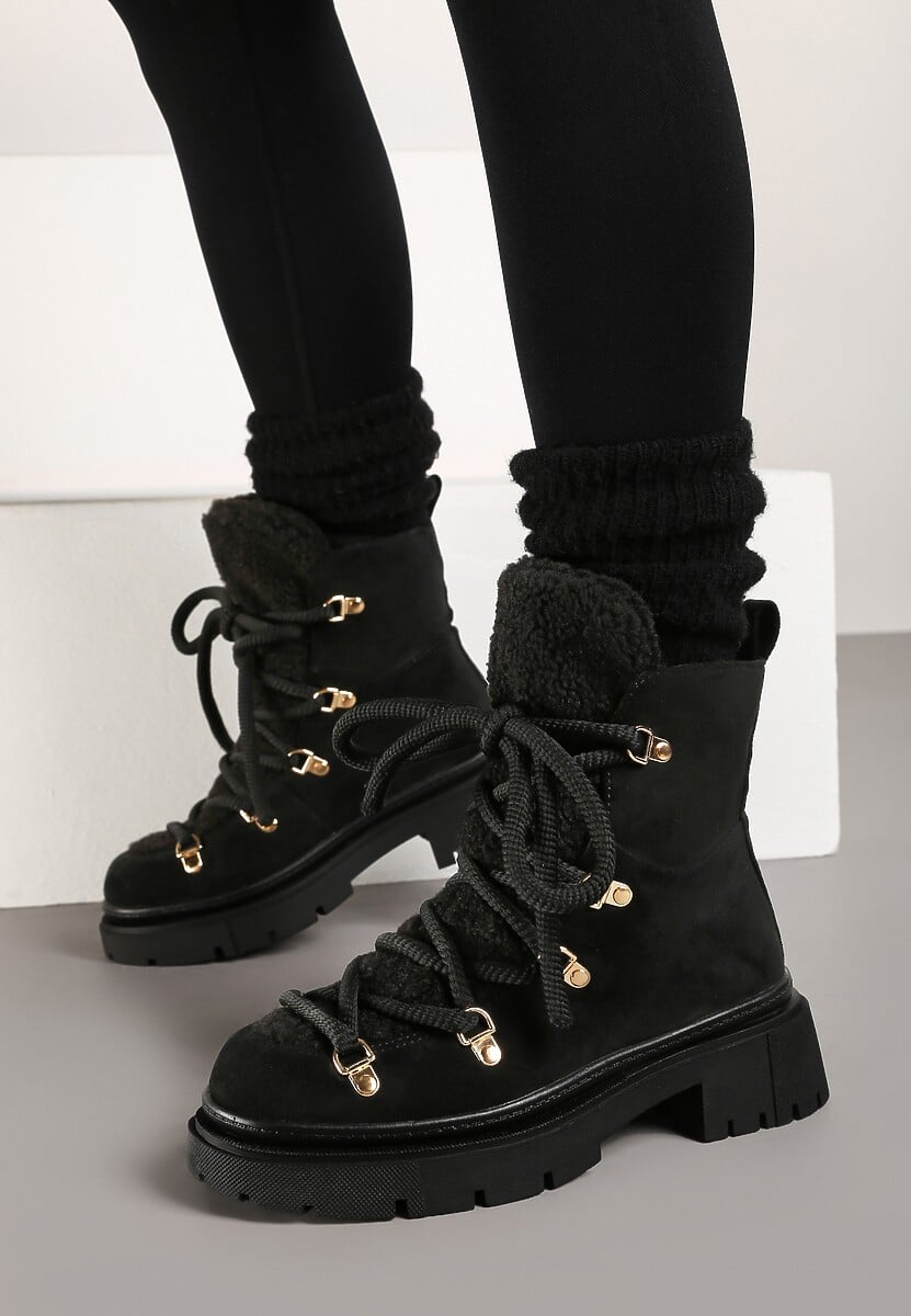 Czarne Traperki Wiązane na Sznurek Ozdobione Kożuszkiem Sidonnie 3