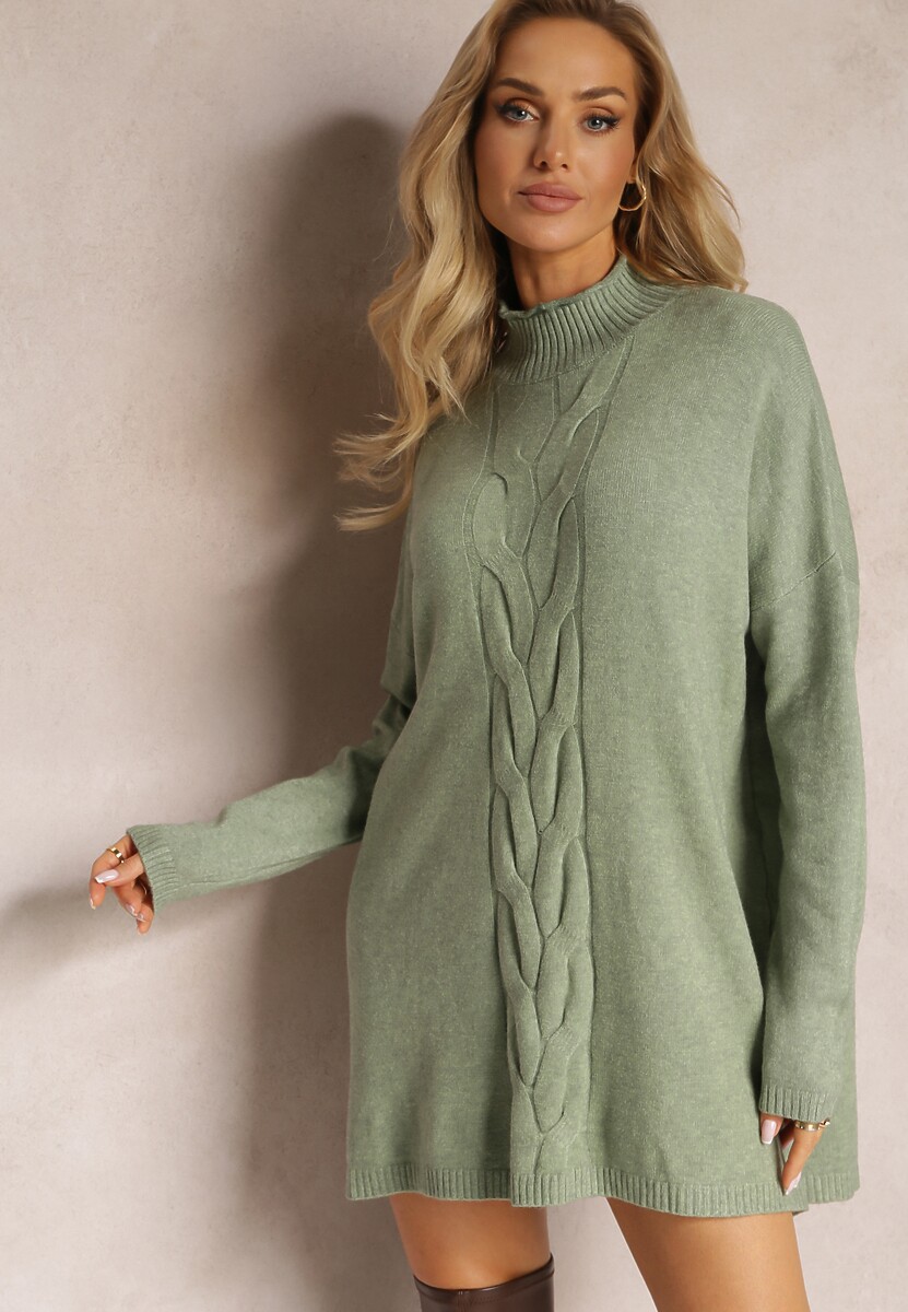 Pulover Verde-Deschis Cu Guler Înalt Oversize Cu Împletitură Decorativă Și Vâscoză Varela 2