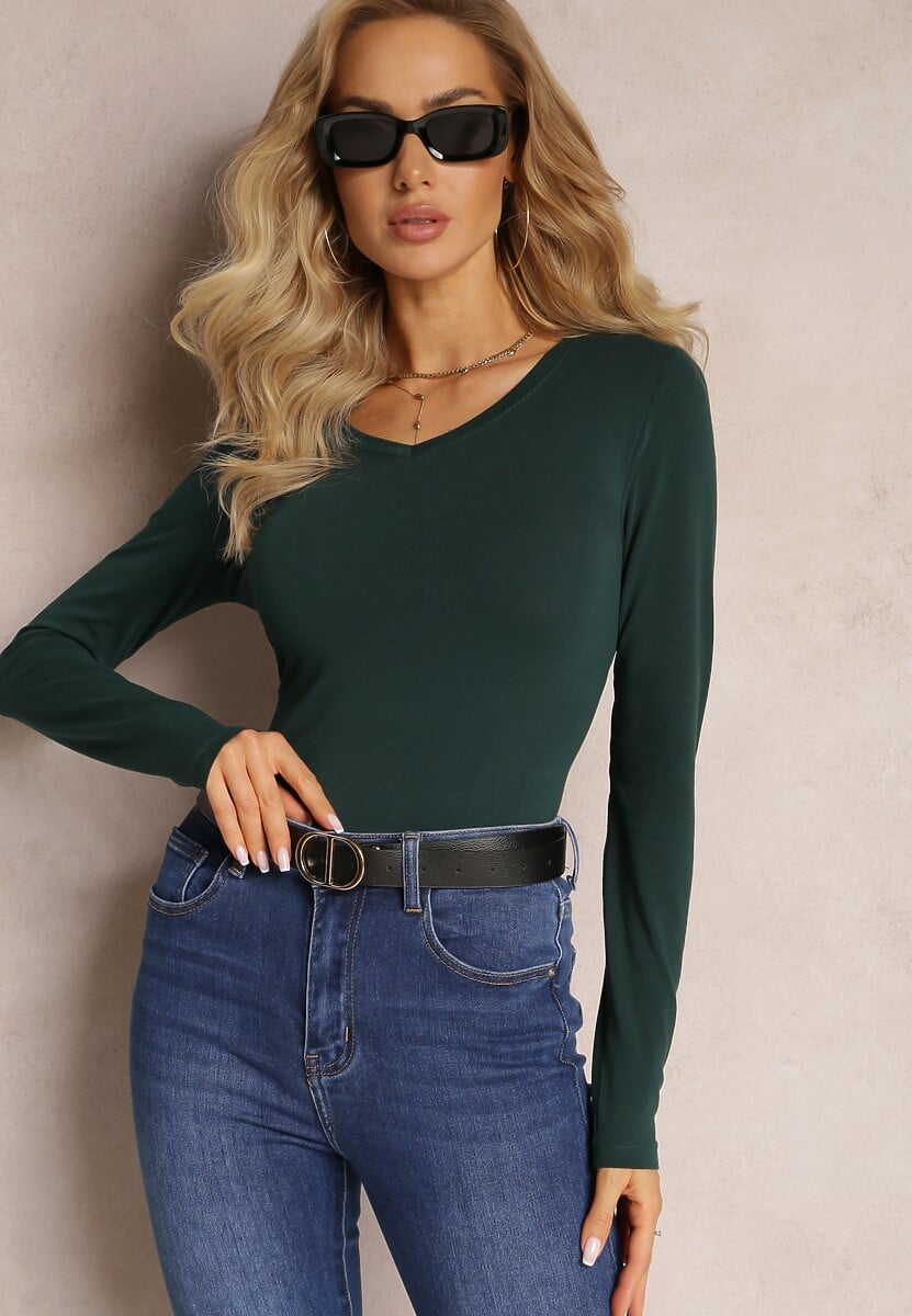 Ciemnozielona Bluzka Longsleeve z Trójkątnym Dekoltem Fezomia 2