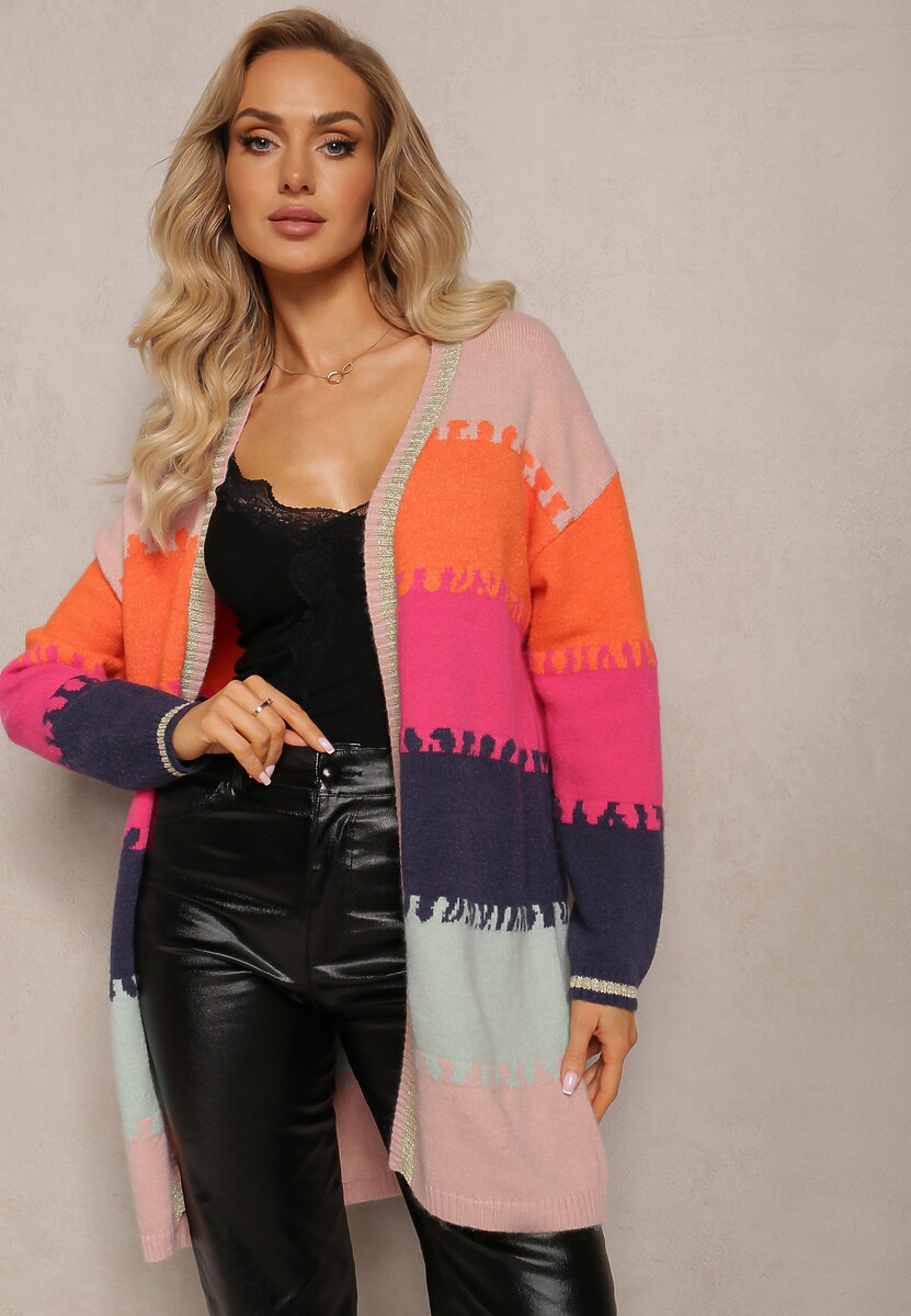 Roz-Bej Lung Cardigan Fara Închidere Cu Fir Metalic Abdona 1