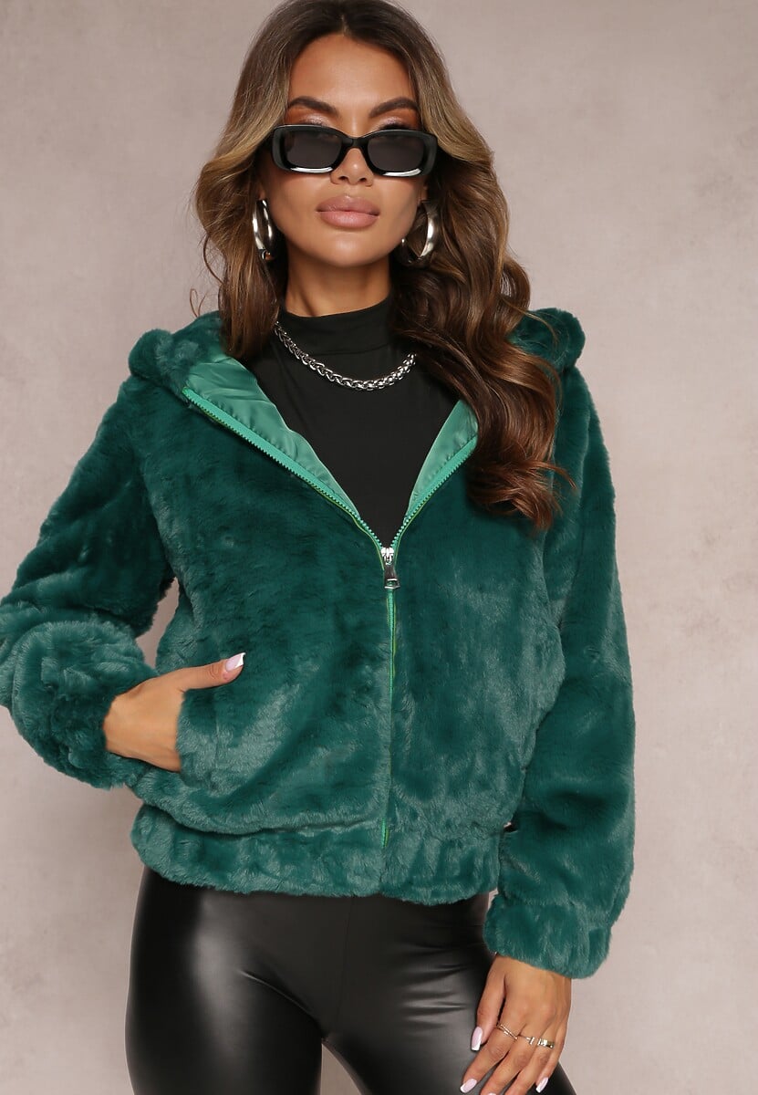 Verde închis Jachetă Blană Teddy Oversize Pufoasă 1