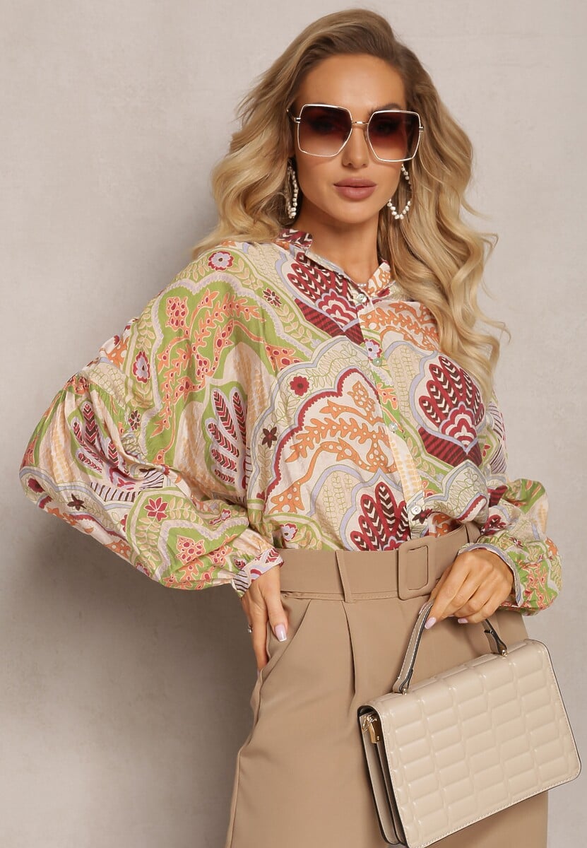 Cămașă Bej-Verde cu Viscoză cu Nasturi în Model Modern cu Ornamente Mingula 2