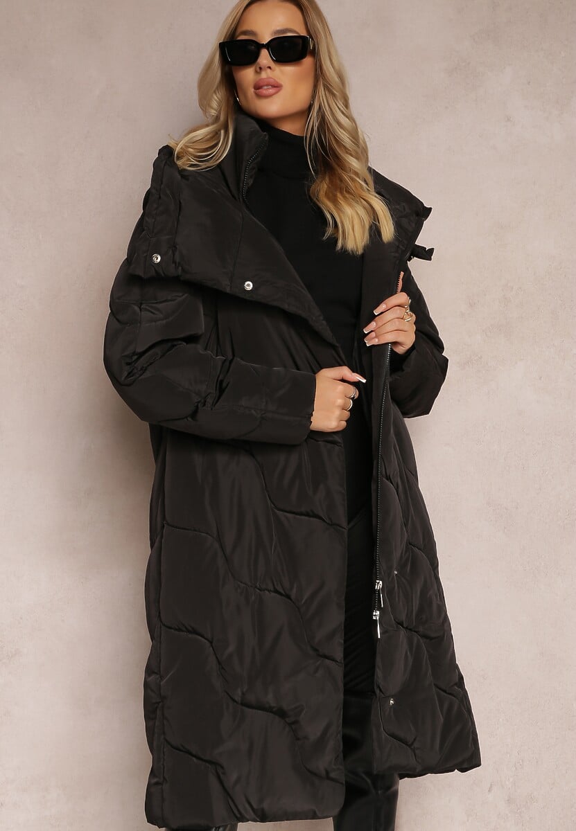 Czarna Pikowana Kurtka Płaszcz za Kolano z Kapturem Kelotta 1
