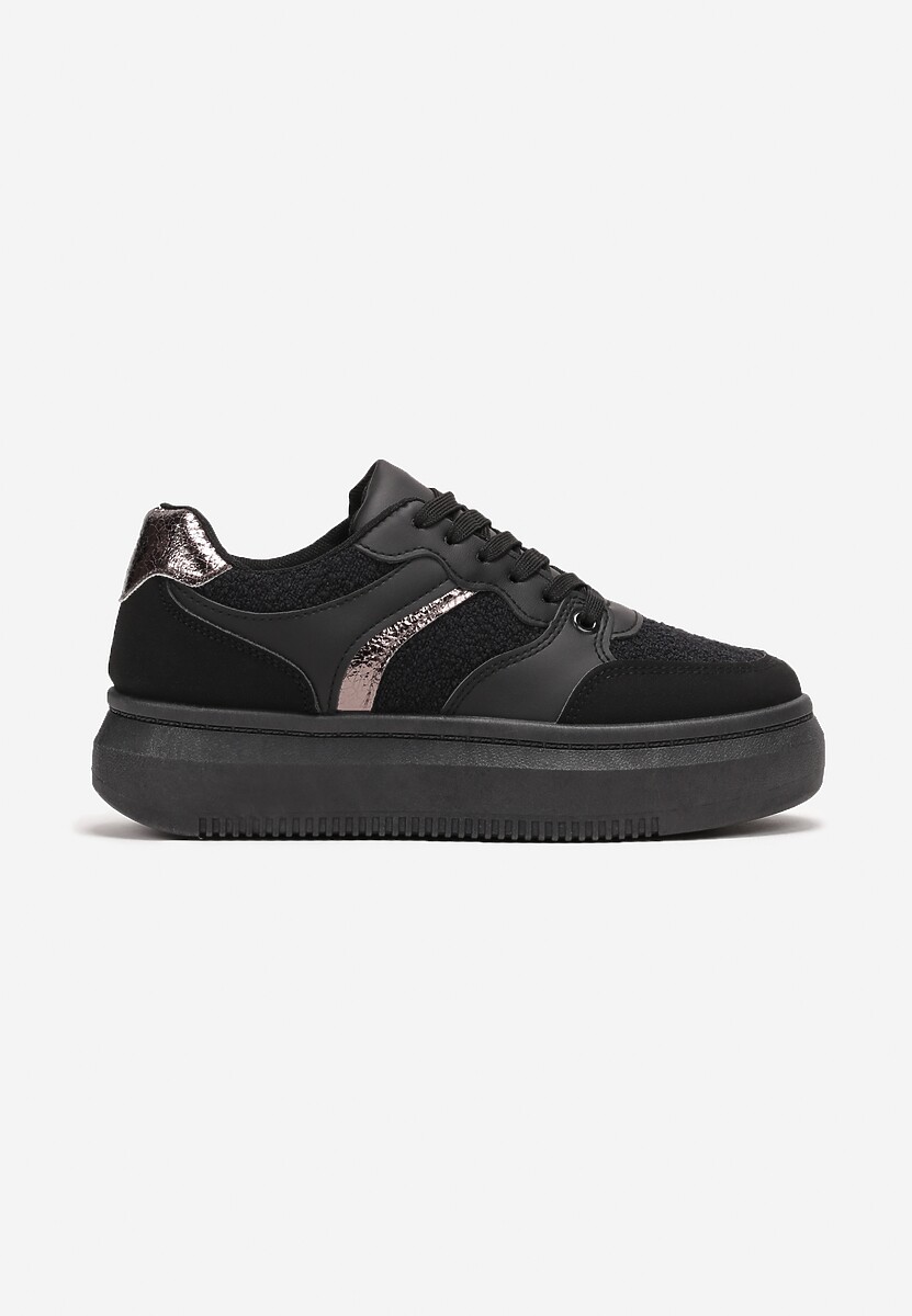 Czarne Płaskie Sneakersy na Grubej Podeszwie z Metalicznymi Wstawkami Odelita 3