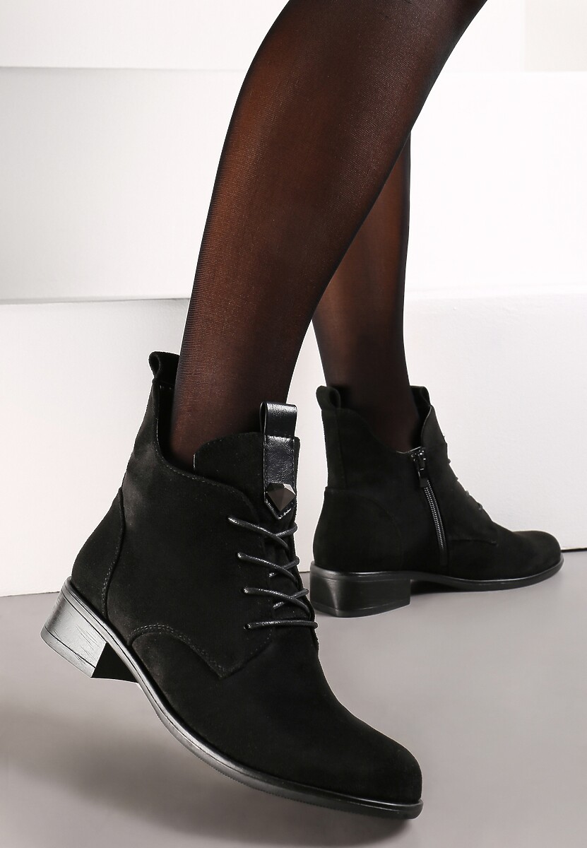 Botine Negre cu Șiret Pietre Ornamentale și Inserție din Piele Ecologică Julietta 1