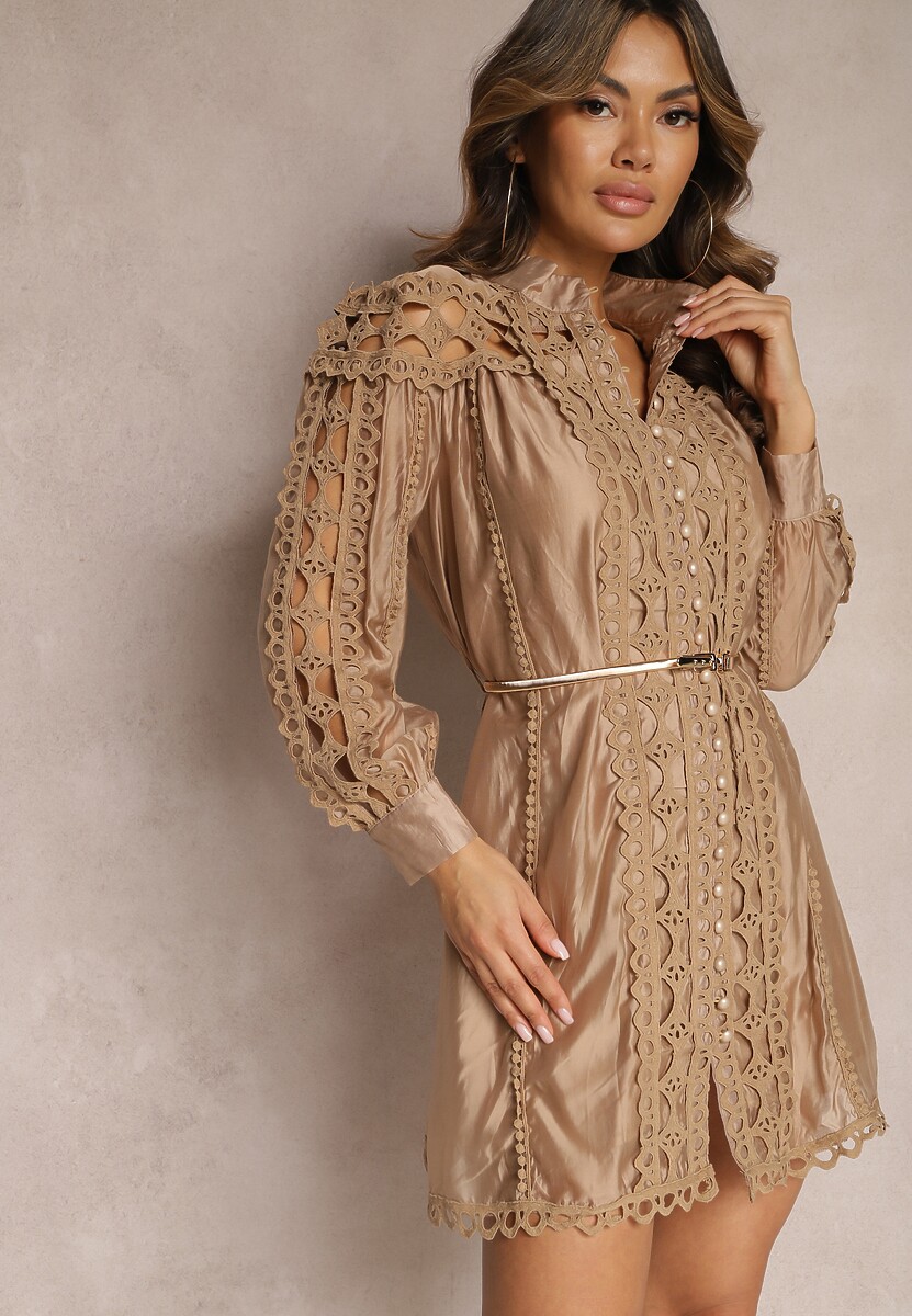 Rochie Cămașă Mini Bej cu Curea în Stil Vintage Butafa 1