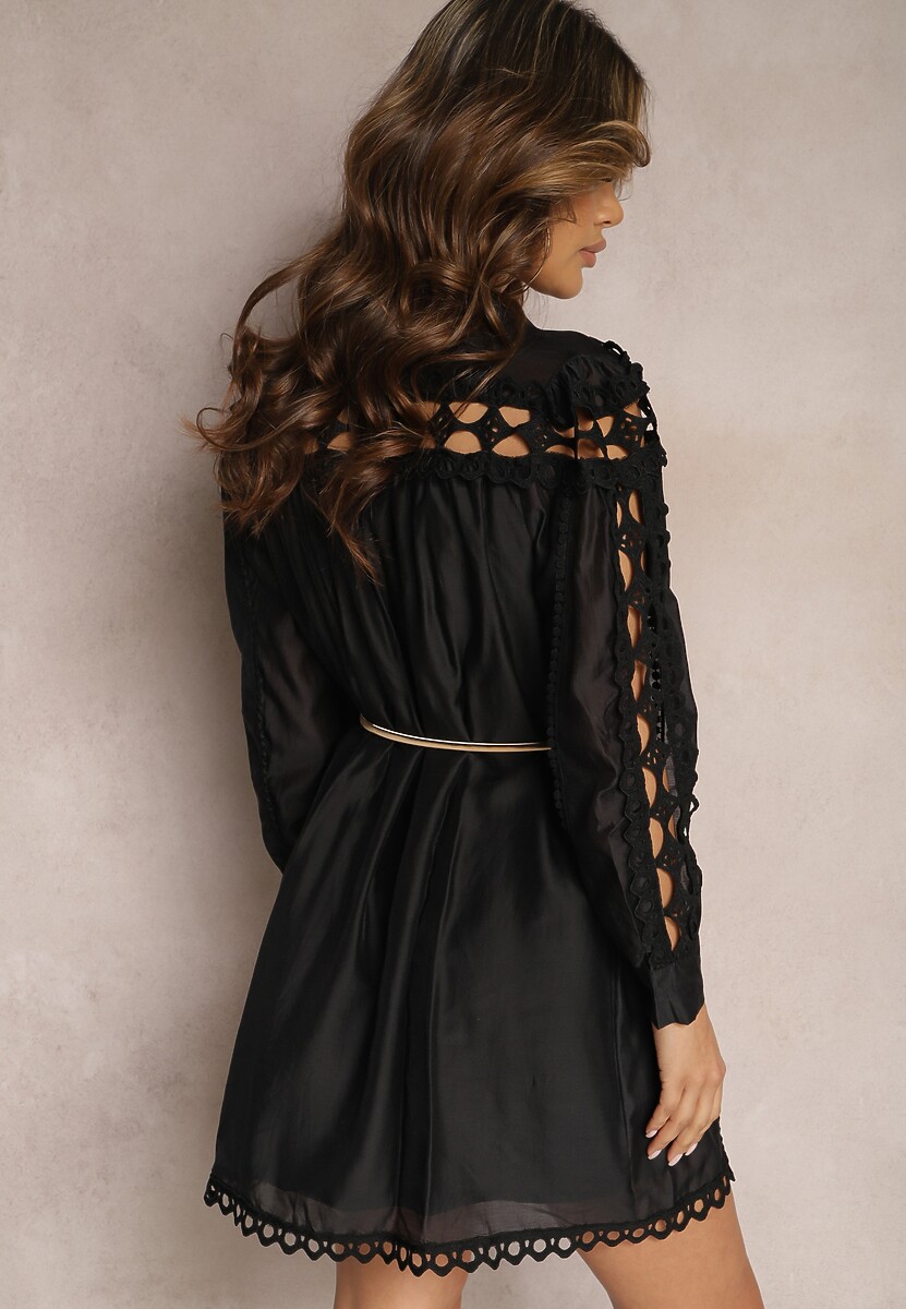 Rochie Cămașă Mini Neagră cu Curea în Stil Vintage Butafa 3