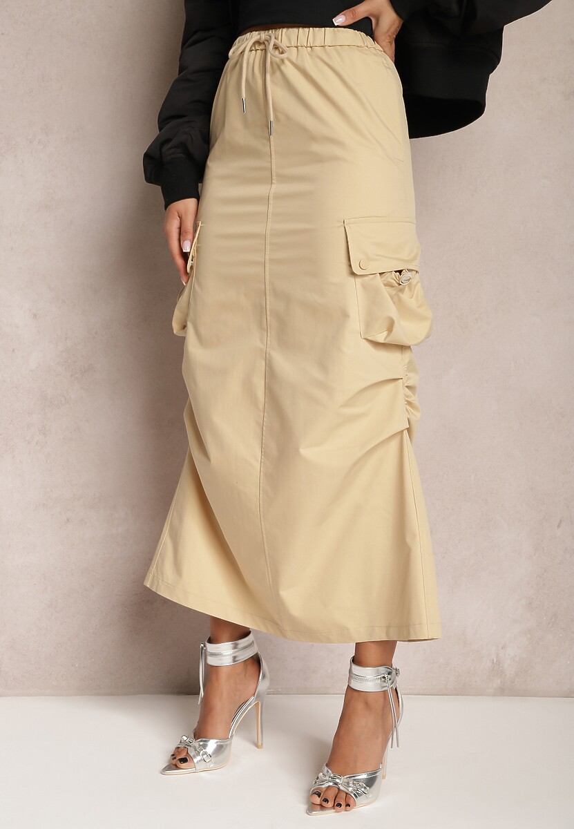 Fusta Midi Bej Crep Stil Cargo cu Elastic în Talie Gacieam 1