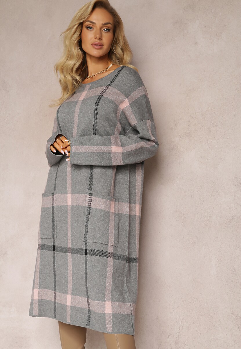 Rochie gri midi în carouri cu buzunare croială dreaptă Bamira 2