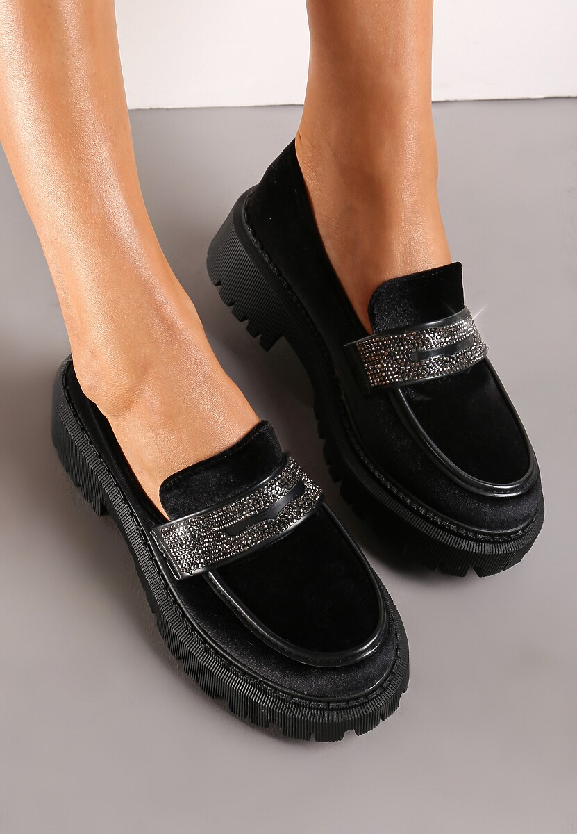 Mocasini Negri din Material Velur cu Bareta Decorativă și Pietre Strass Damazoni 2