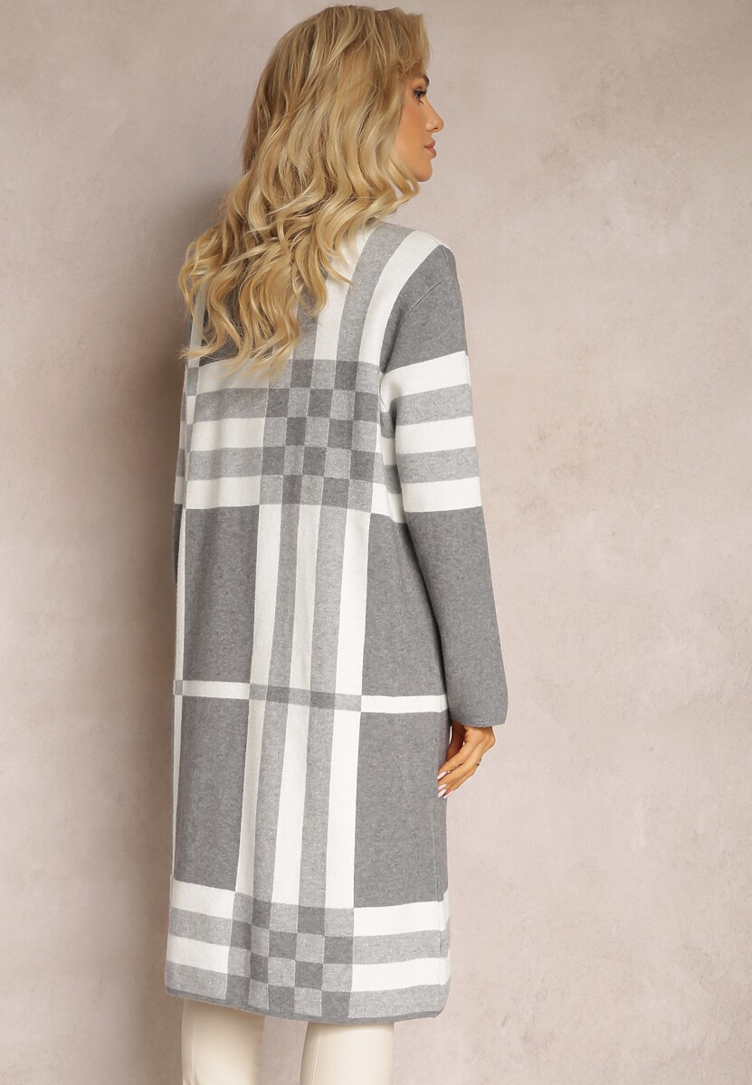 Szara Sukienka Sweterkowa z Półgolfem i Naszytymi Kieszeniami w Kratę Mirba 3