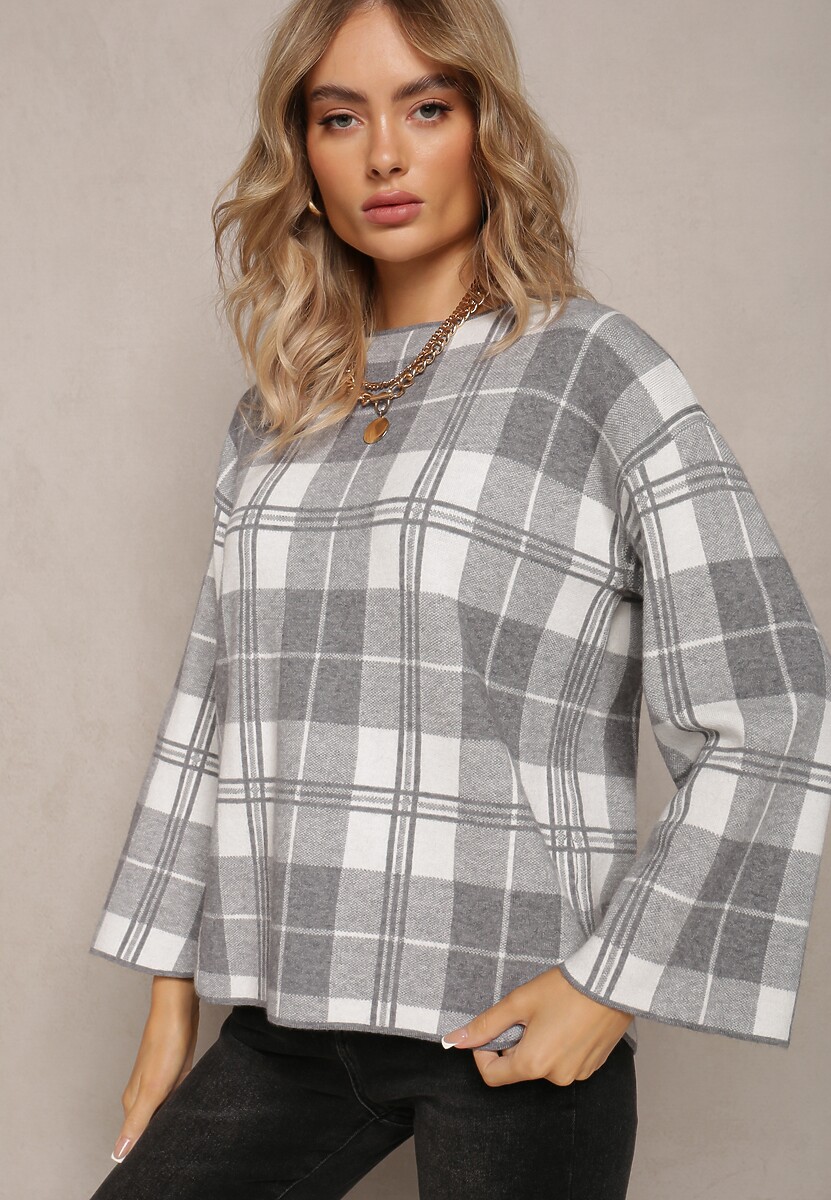 Pulover Gri Cu Mâneci Lungi Și Model în Carouri Flemiona 2