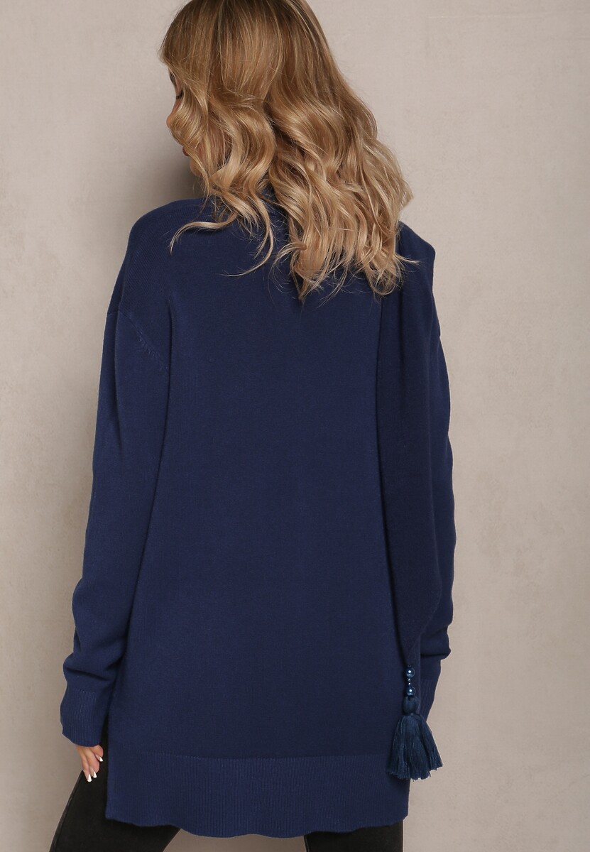 Granatowy Sweter z Szalikiem z Chwostami w Komplecie Rumabena 3