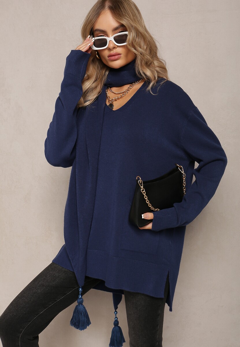 Granatowy Sweter z Szalikiem z Chwostami w Komplecie Rumabena 2