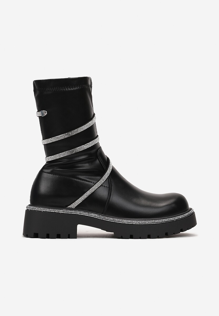 Botine Negre Plate cu Glezna cu Arc Ornamental și Pietre Strass Kesaia 3
