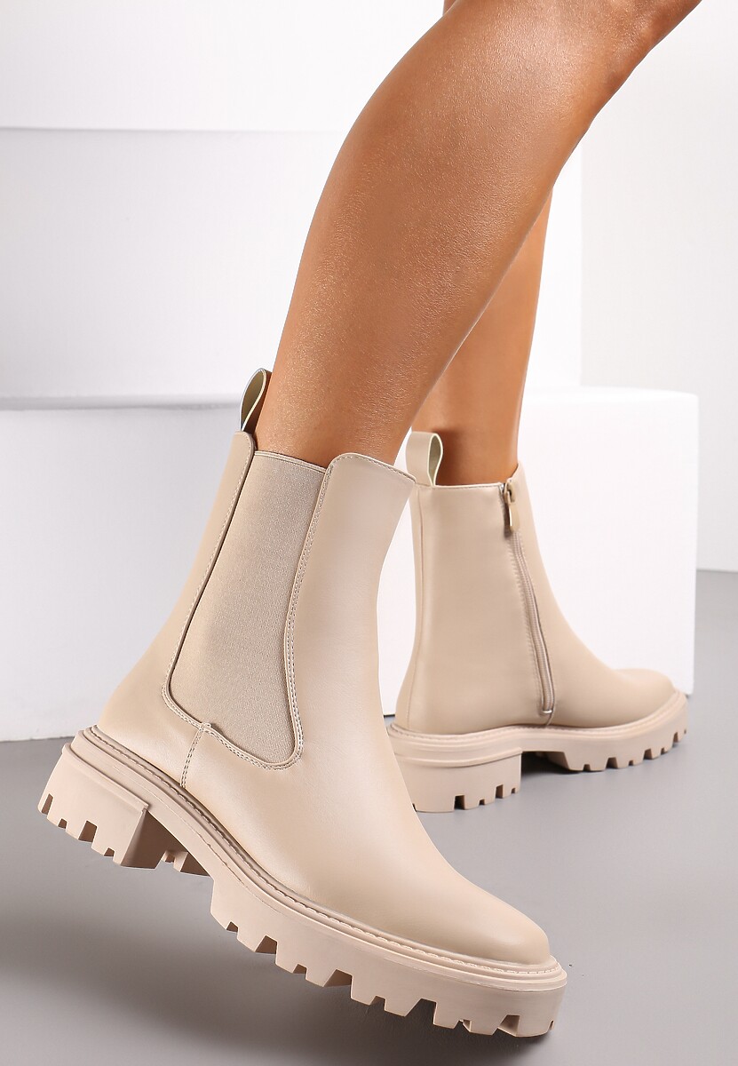 Beżowe Botki Sztyblety w Stylu Chunky na Grubej Podeszwie Apollinare 1