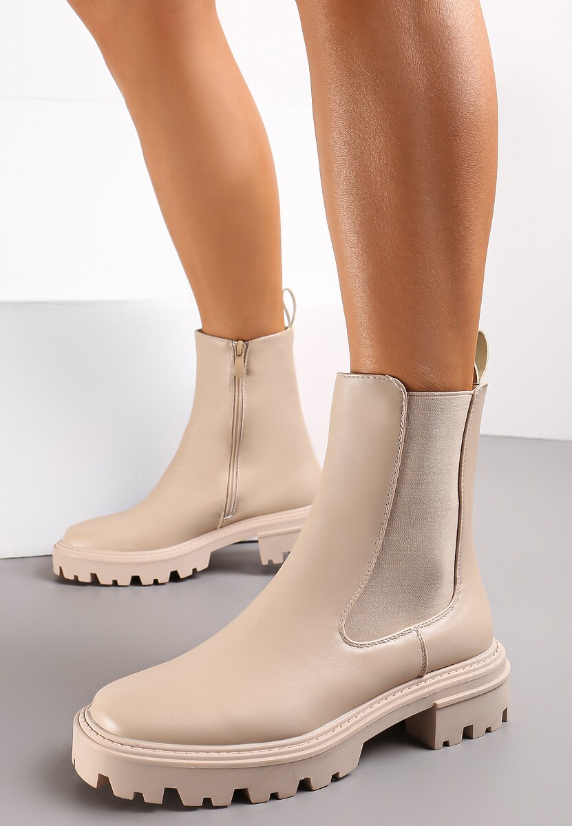 Beżowe Botki Sztyblety w Stylu Chunky na Grubej Podeszwie Apollinare 2