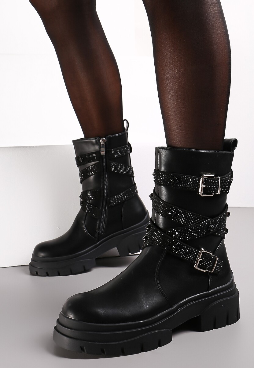 Botine negre tip bocanci cu catarame decorative pe barete oblice Anra 3