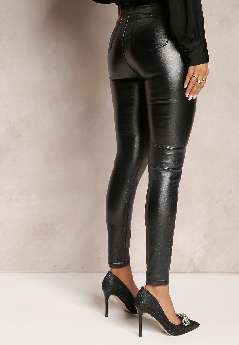 Ciemnoszare Skinny Spodnie High Waist z Brokatem Sabive 3