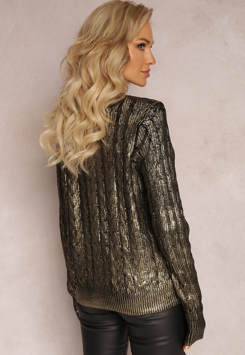Czarno-Złoty Sweter z Okrągłym Dekoltem Ozdobiony Brokatem Ajoava 3
