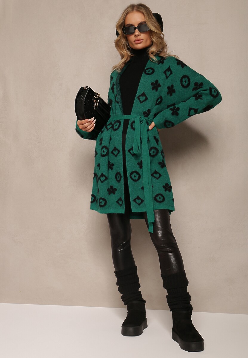 Cardigan Verde cu Centură Împletită Decorat cu Model Floral Timonen 1