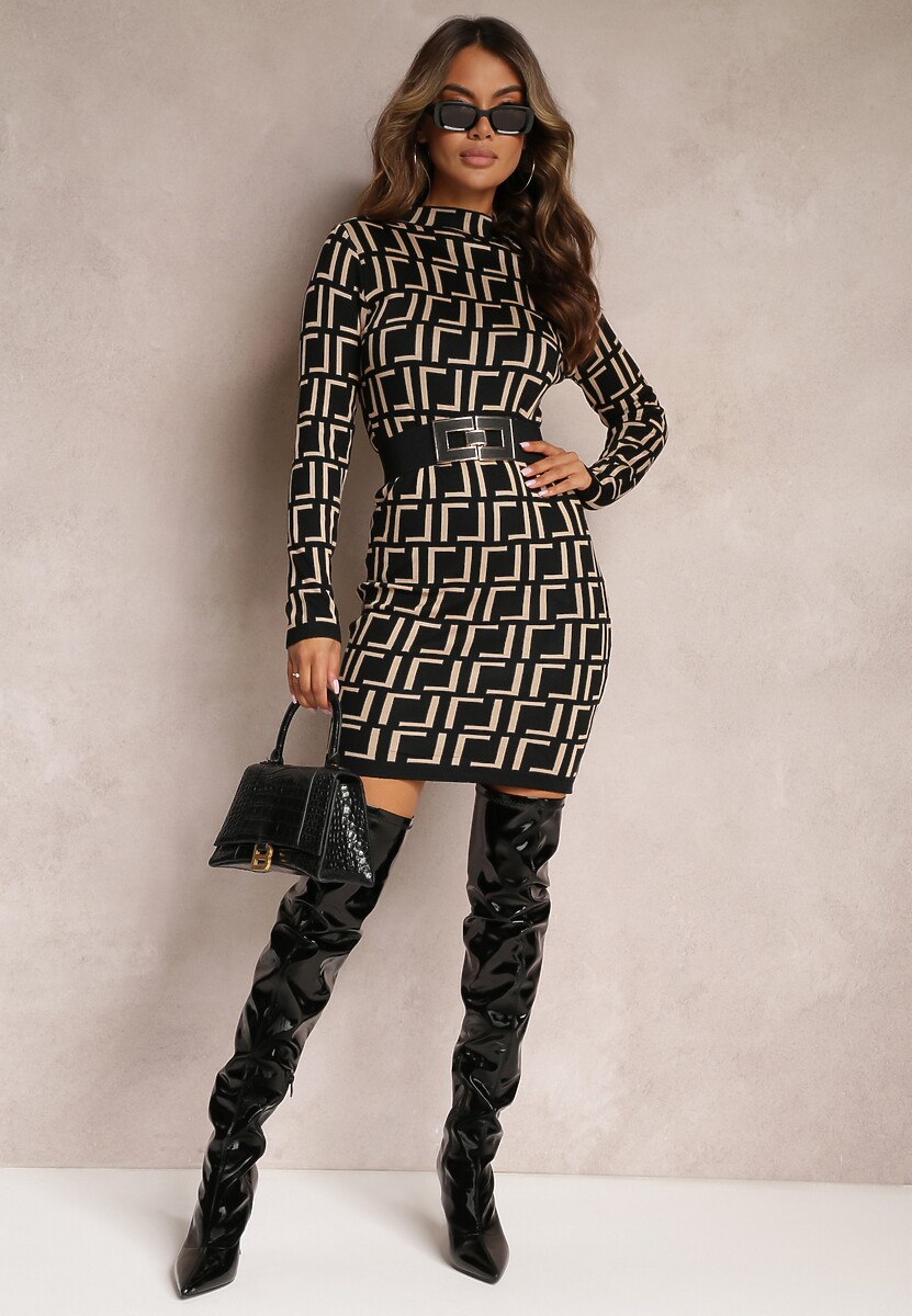 Rochie Mini Neagră Tip Pulover Cu Model Geometric Minametta 2