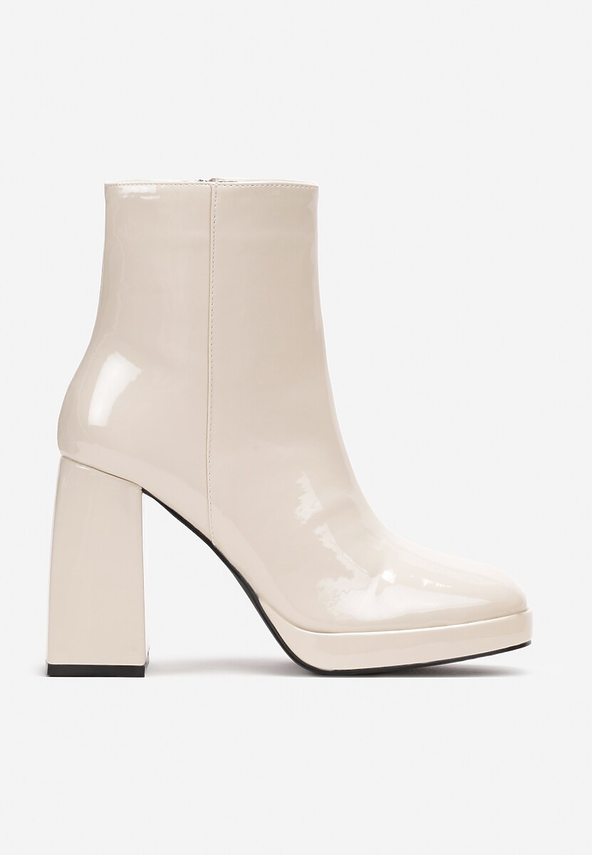Beżowe Lakierowane Botki na Słupku z Niską Platformą i Kwadratowym Noskiem Rafiama 3