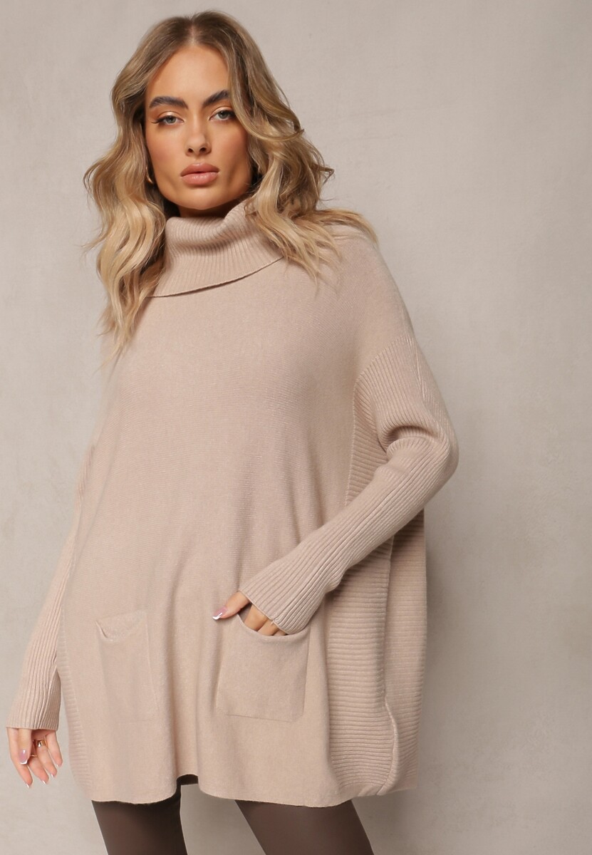 Beżowy Sweter Golf z Kieszeniami i Szerokim Golfem Aboio 2