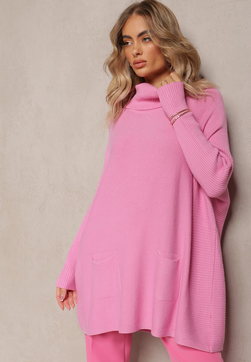 Różowy Sweter Golf z Kieszeniami i Szerokim Golfem Aboio 1