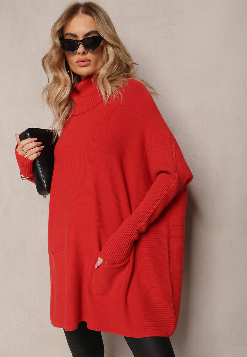 Czerwony Sweter Golf z Kieszeniami i Szerokim Golfem Aboio 2