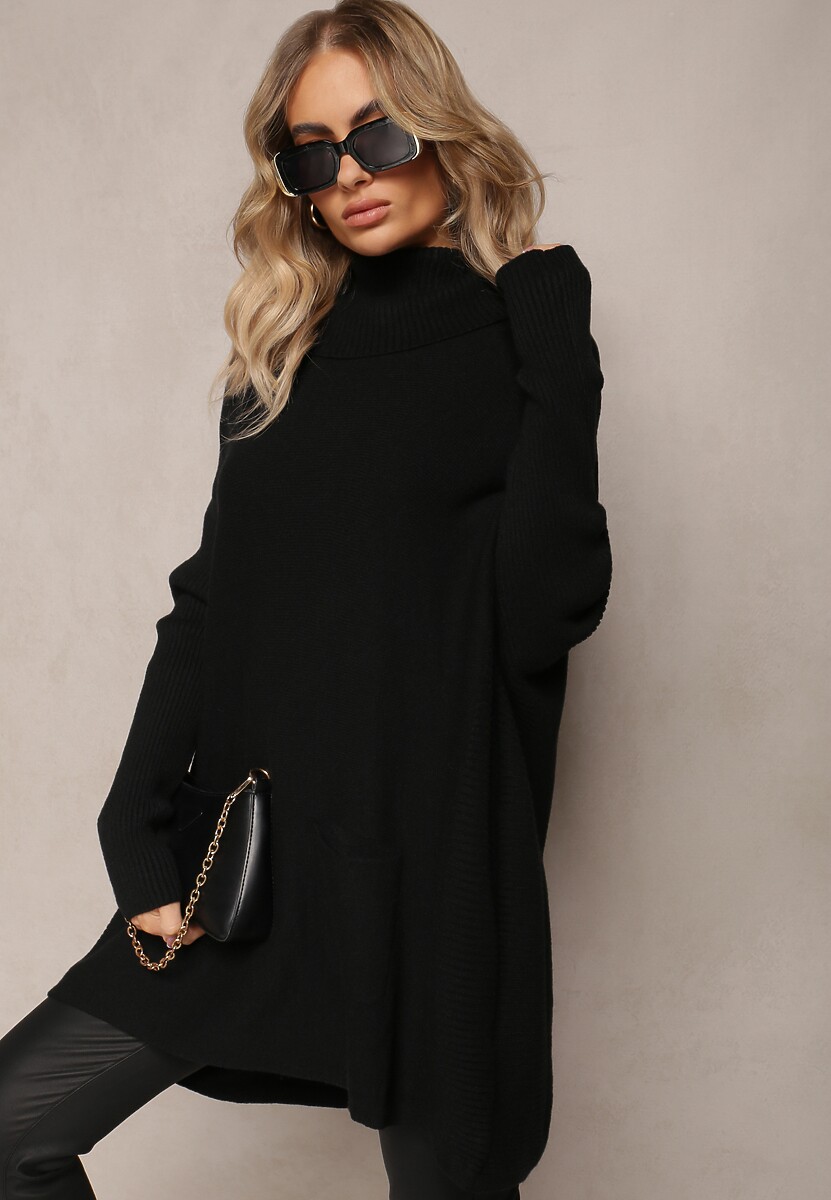 Czarny Sweter Golf z Kieszeniami i Szerokim Golfem Aboio 2