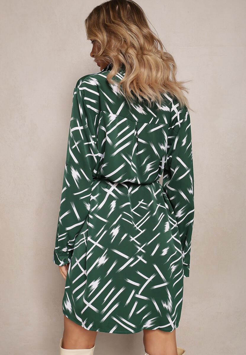 Zielona Koszulowa Sukienka Wiązana w Talii w Abstrakcyjne Paski Azrakes 3