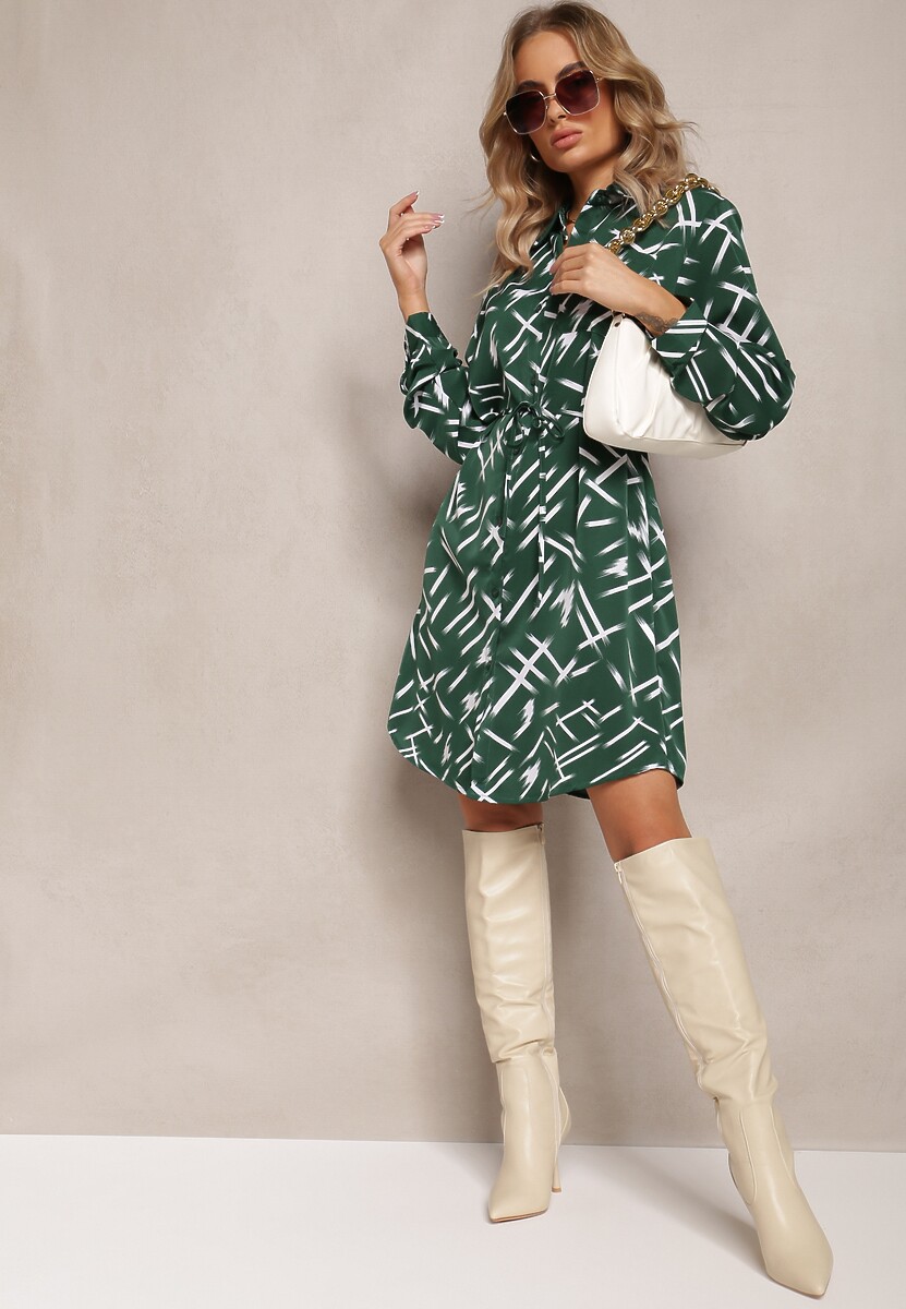 Zielona Koszulowa Sukienka Wiązana w Talii w Abstrakcyjne Paski Azrakes 2