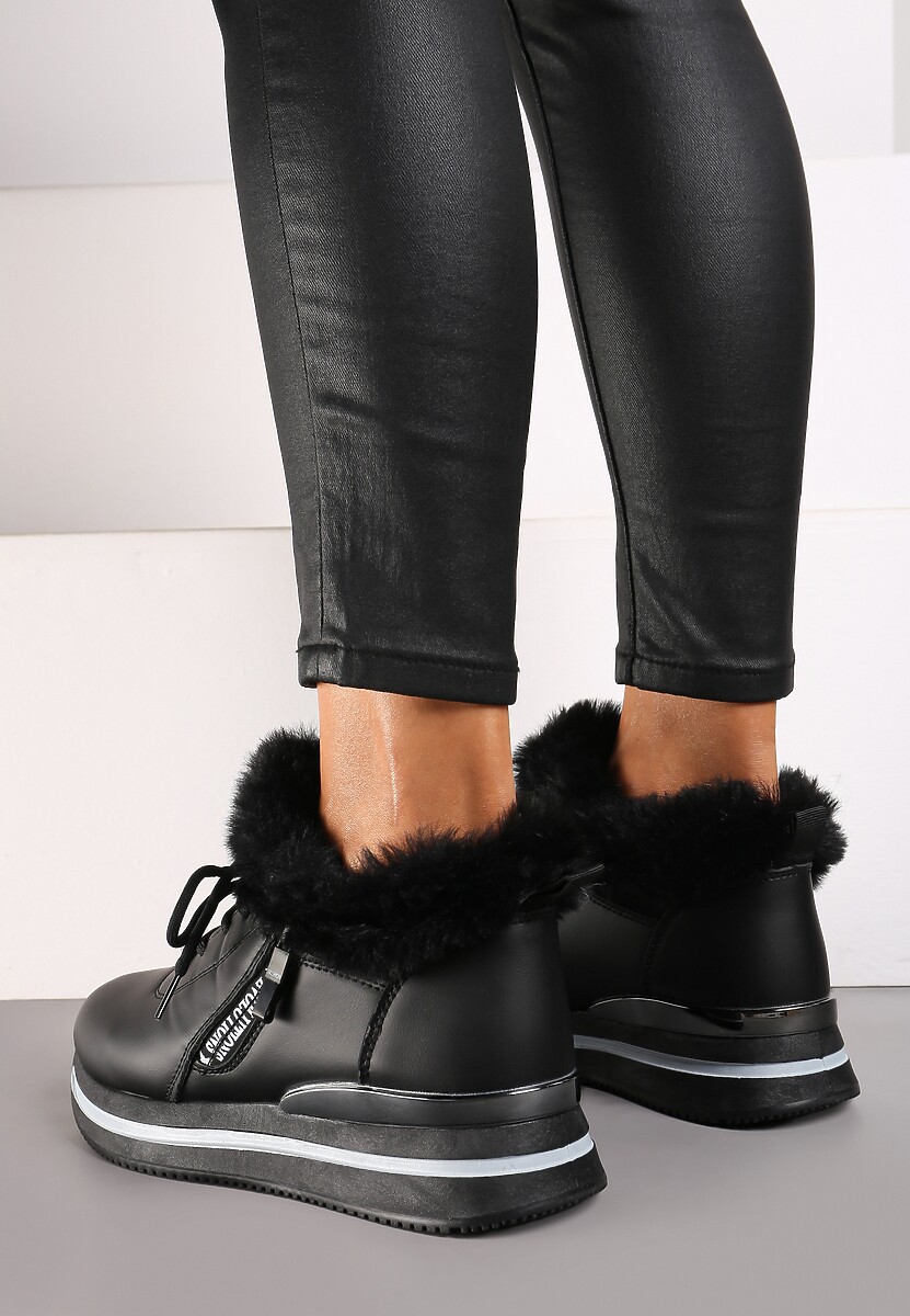 Ghete Sneakers negre cu șireturi și blană Gameda de la 3