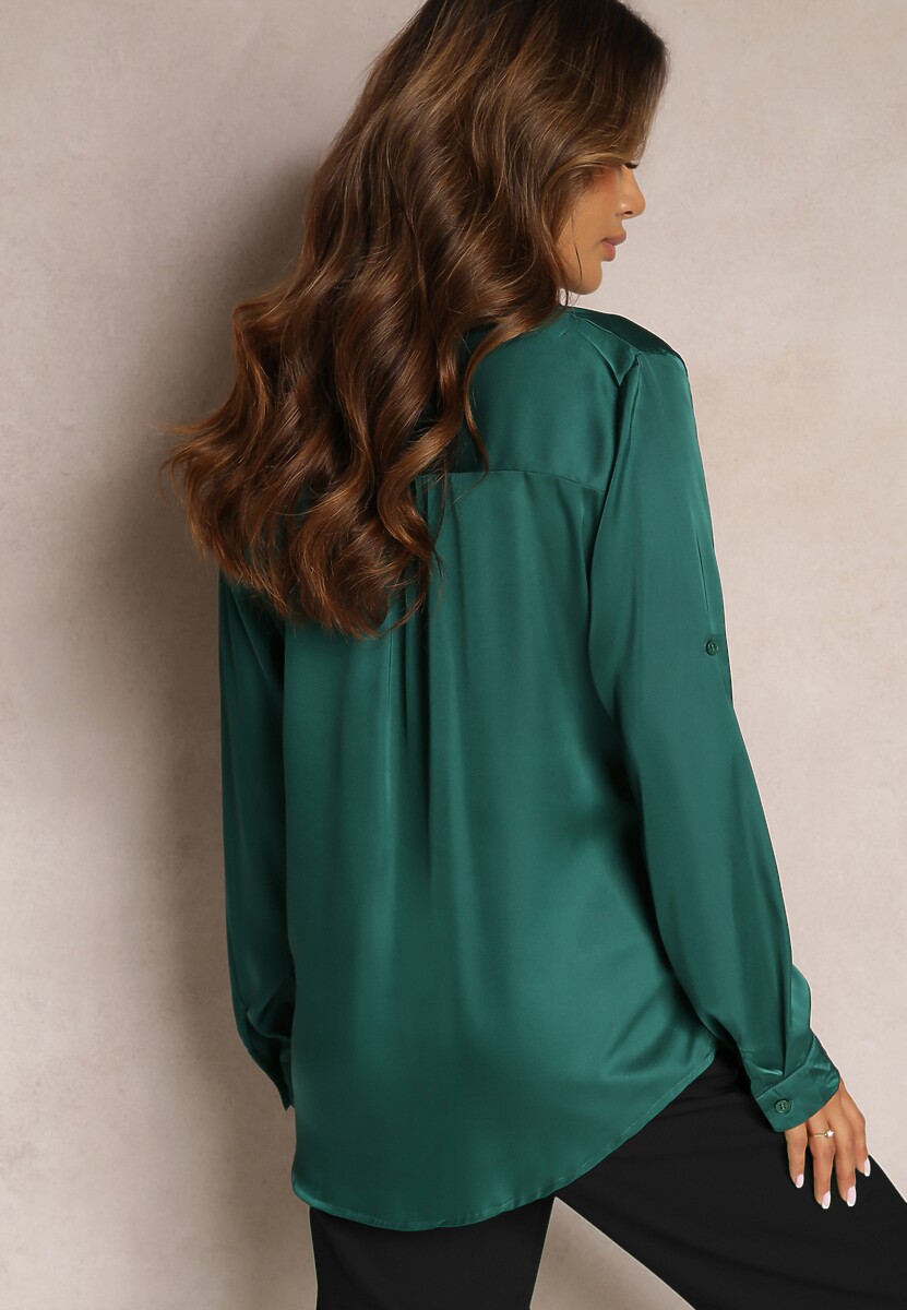 Ciemnozielona Satynowa Koszula na Guziki Noccle 3