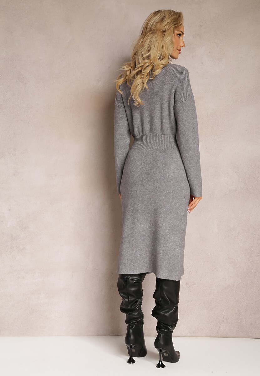 Szara Dopasowana Sukienka Dzianinowa z Golfem i Wełną Moustie 3