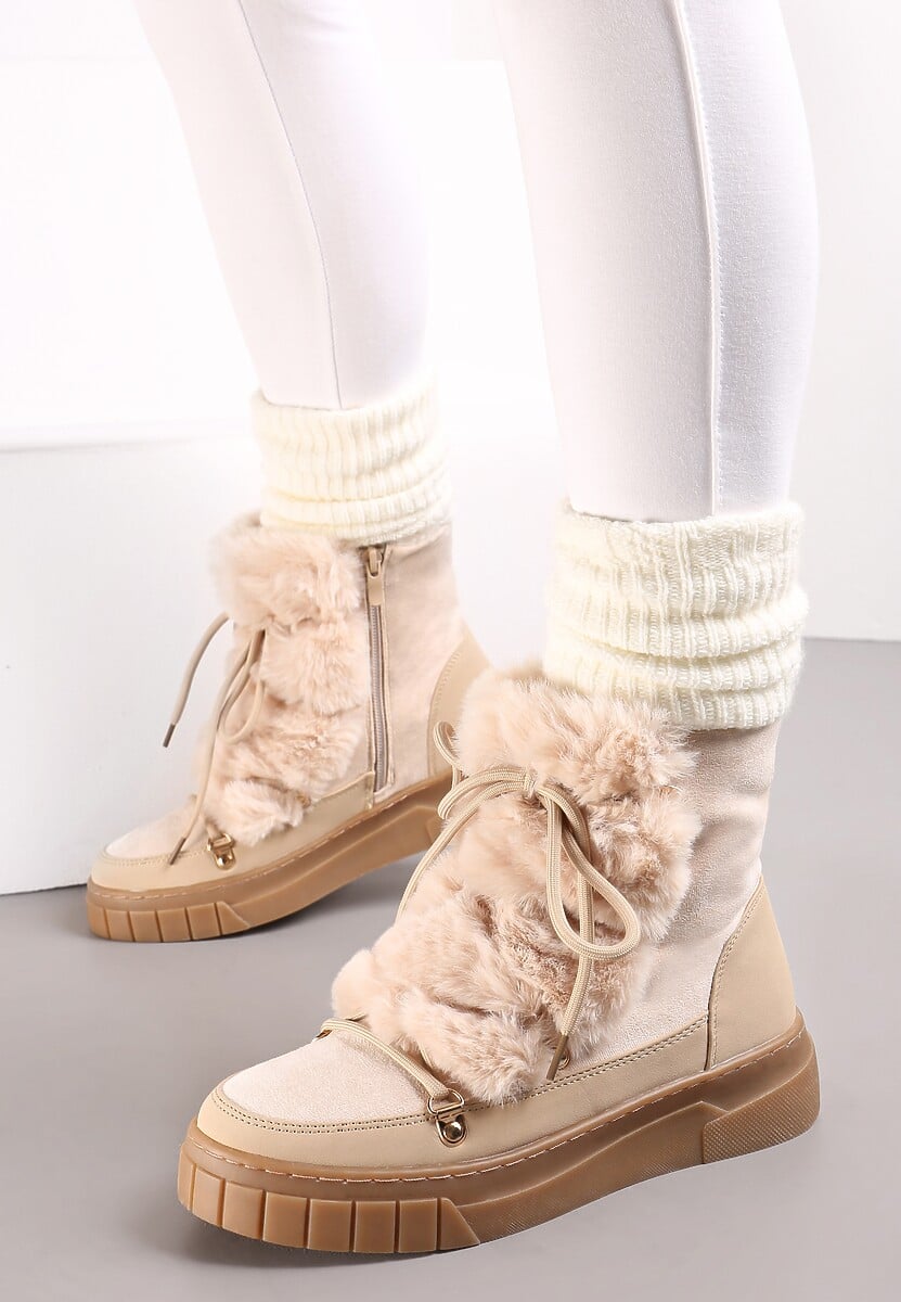 Cizme de zapada bej cu captuseala groasa si blană pe lângă sireturi Avivina 2