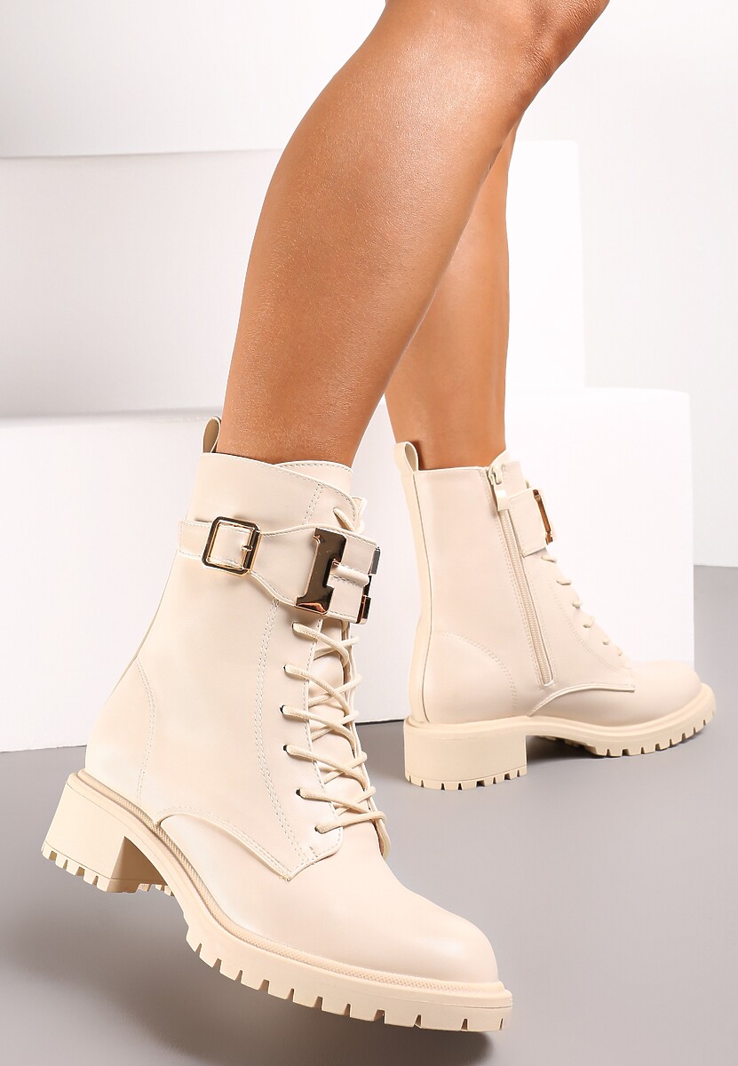 Beżowe Botki Workery Udekorowane Szerokim Paskiem z Klamrą Klonnte 1