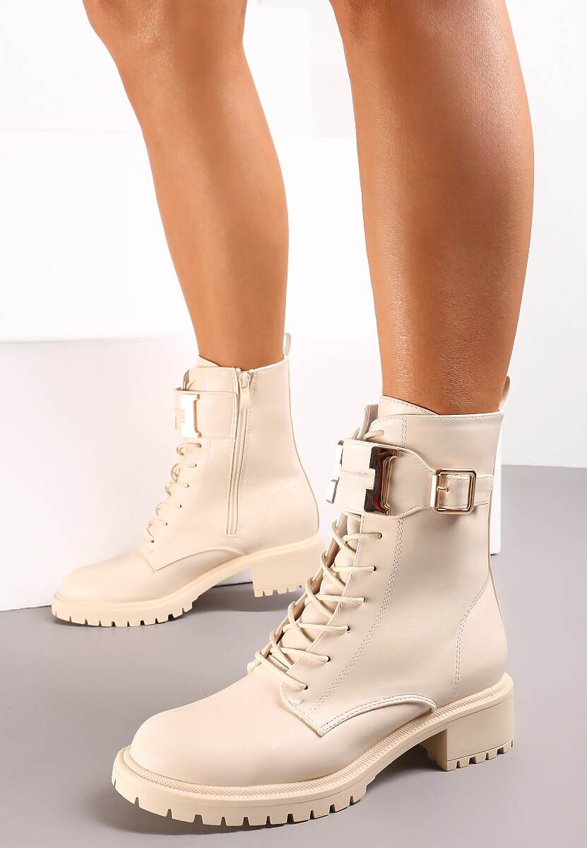 Beżowe Botki Workery Udekorowane Szerokim Paskiem z Klamrą Klonnte 2