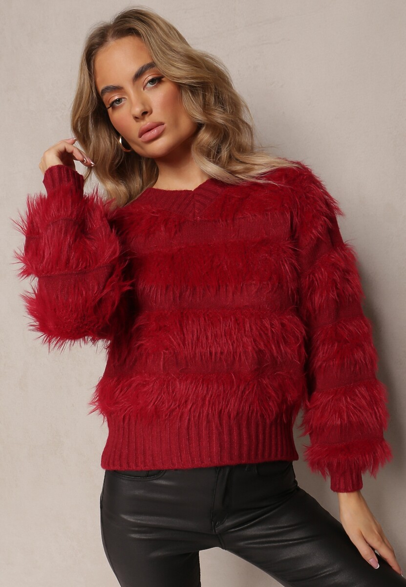 Bordowy Puchaty Sweter z Kaszmirem Nabille 2