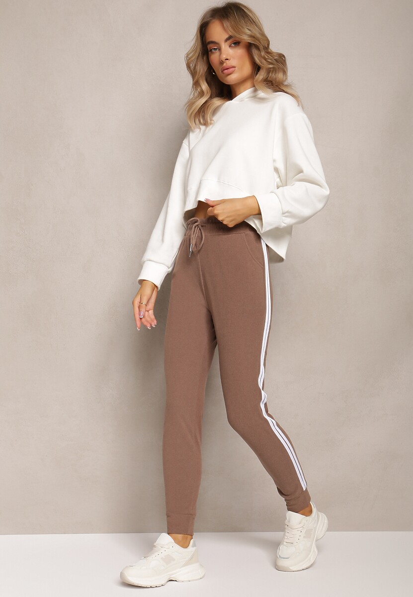 Pantaloni sport Heminita maro cu dungi laterale și elastic în talie 2