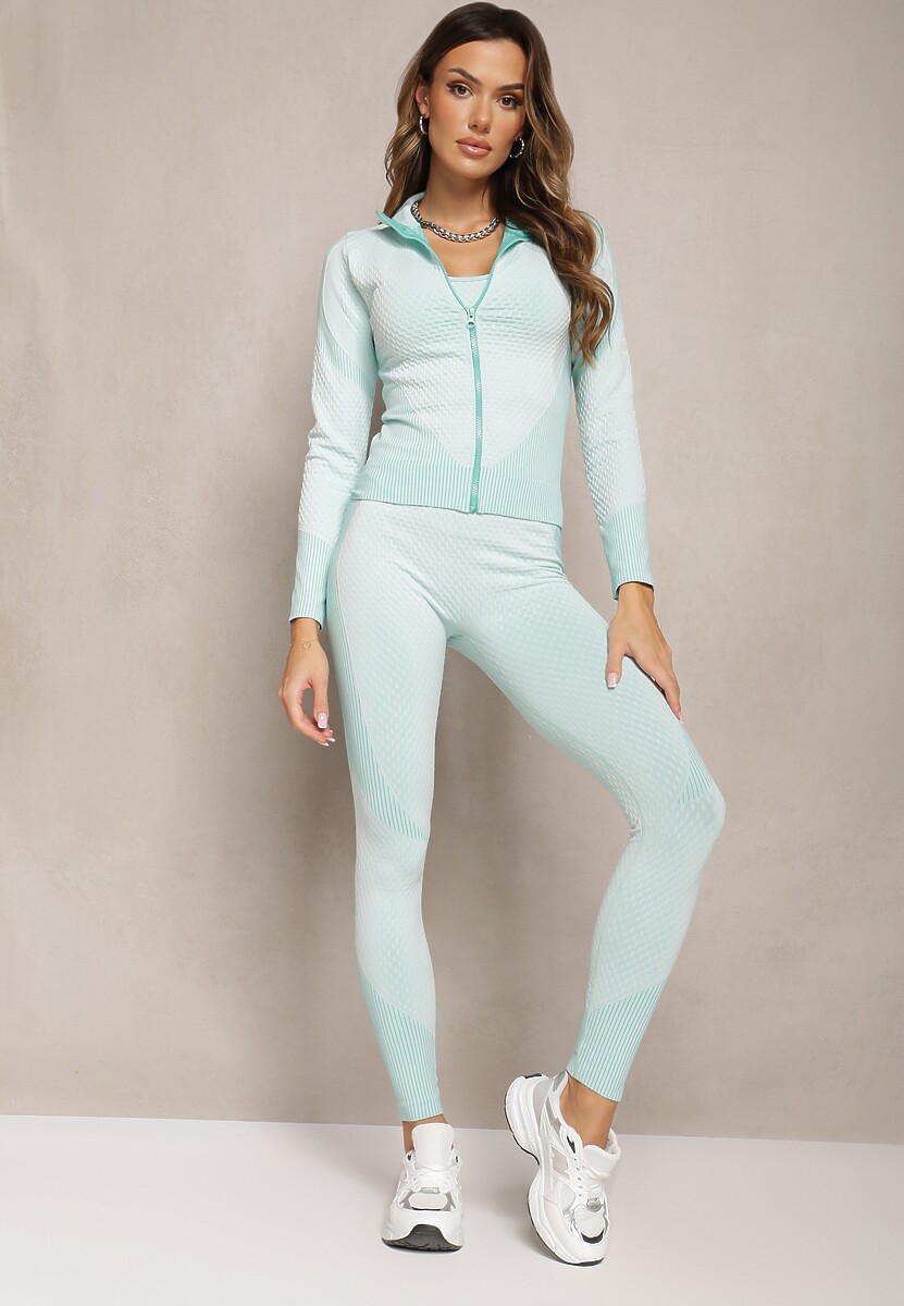 Jasnozielony Komplet 3-Częściowy Krótki Top Bluza na Suwak i Legginsy Push-Up z Gumką w Pasie Savese 2