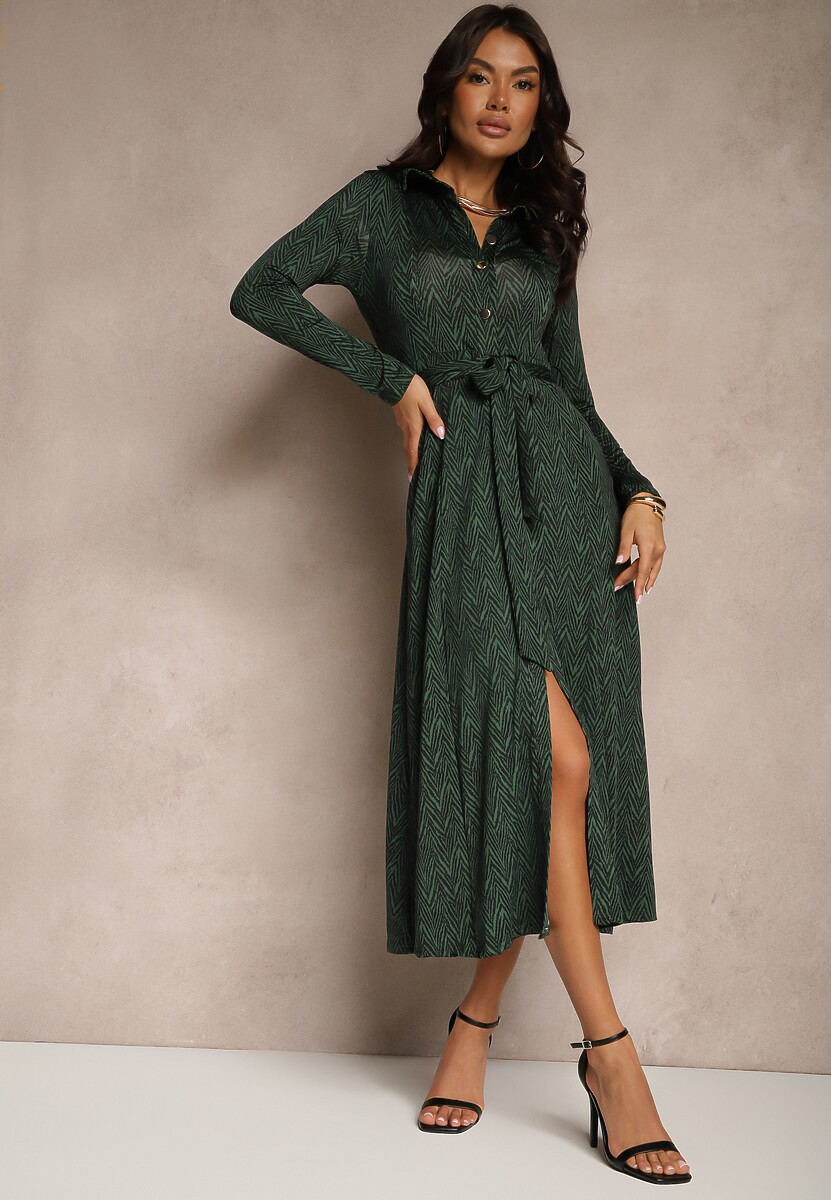 Rochie Cămașă Midi Verde Închis cu Cordon Xudilla 2