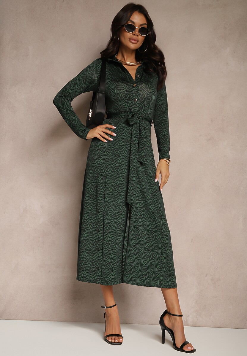 Rochie Cămașă Midi Verde Închis cu Cordon Xudilla 1