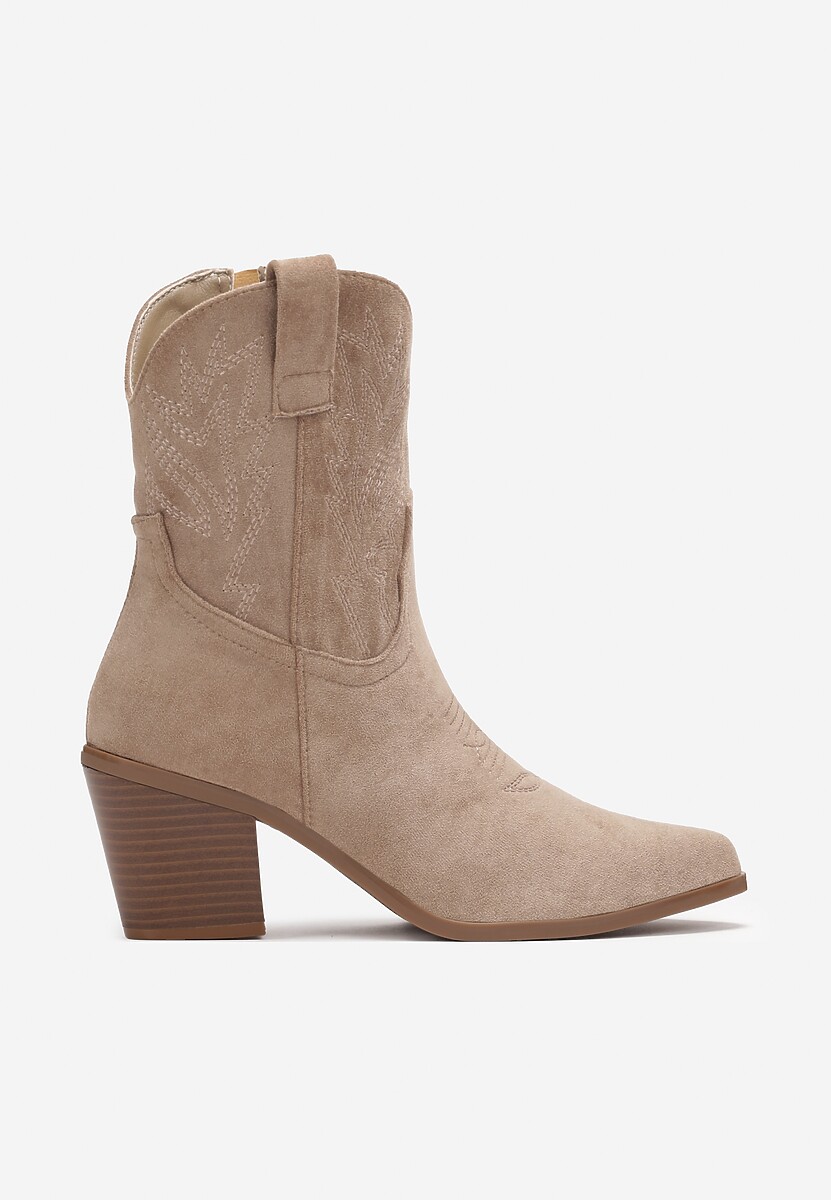 Cizme Cowboy bej deschis cu broderie pe toc conic Pomna 3