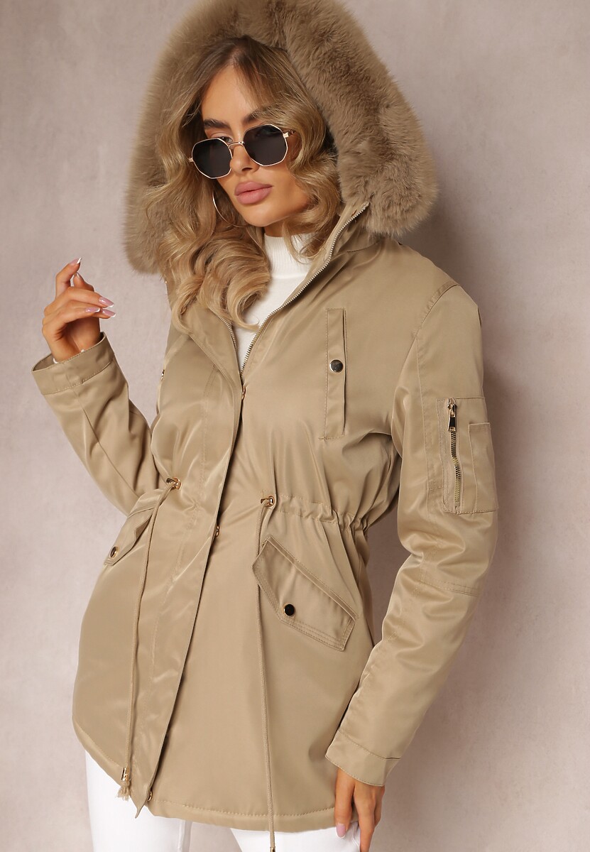 Beżowa Kurtka Parka z Kapturem i Ozdobnym Futerkiem Dioneta 1