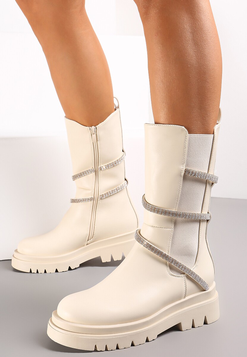 Botine Bej până la Jumatatea Gambei cu Cure Decorative cu Pietre Besiva 2